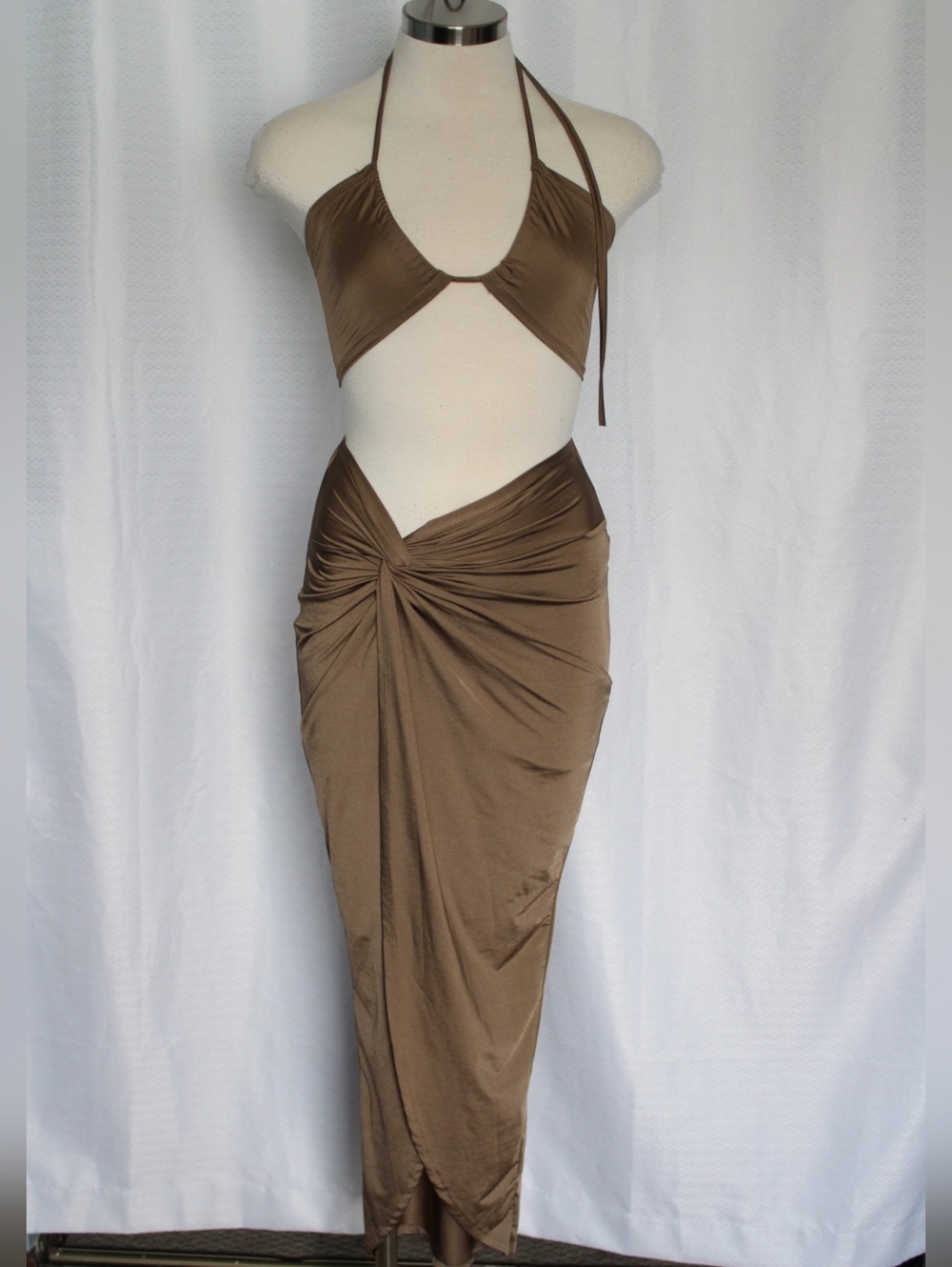 SHEIN Tan Ruched Halter 2 Piece Set XS Split Skirt